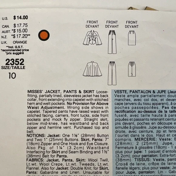 Vogue Individualist 2352 Issey Miyake 80s Jacket Pants Skirt Sewing Pattern Sz10 Arts & Crafts